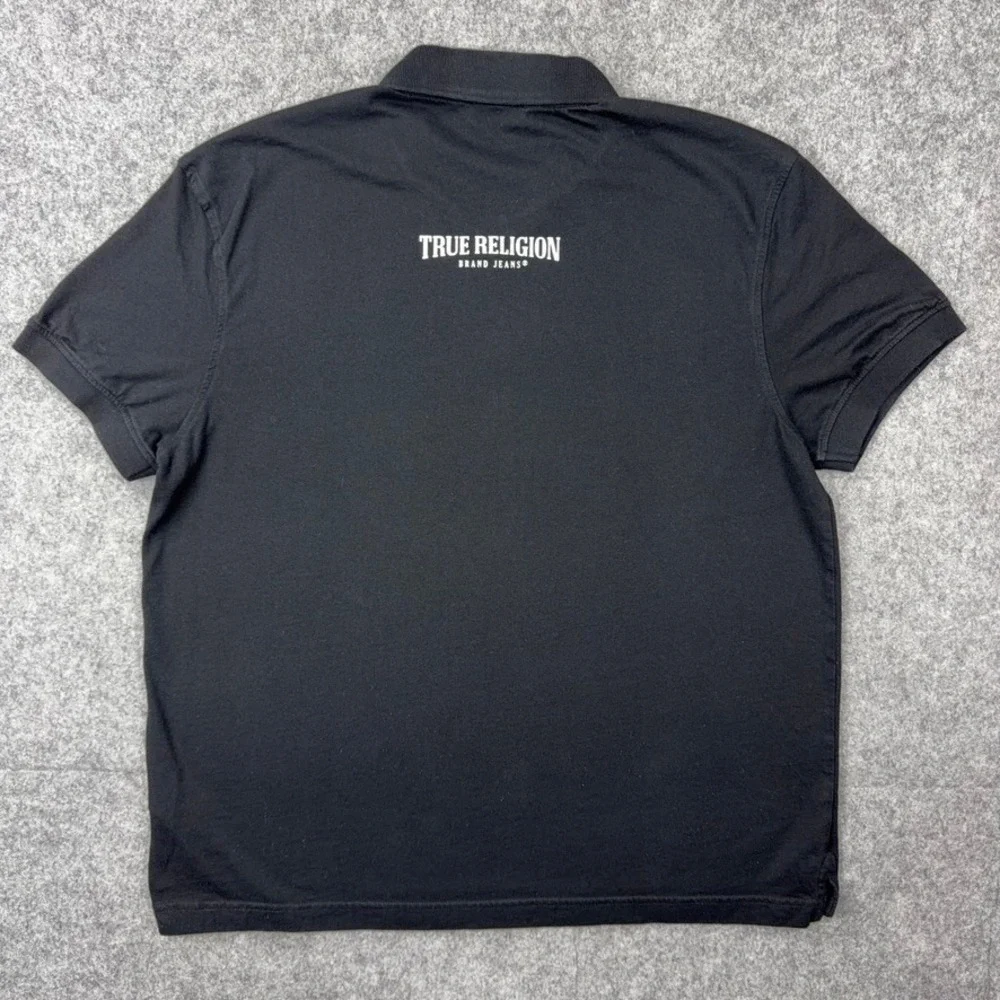 True Religion Shirt Mens XL Black Logo‎ Zipper Tape Polo Horseshoe Short Sleeve